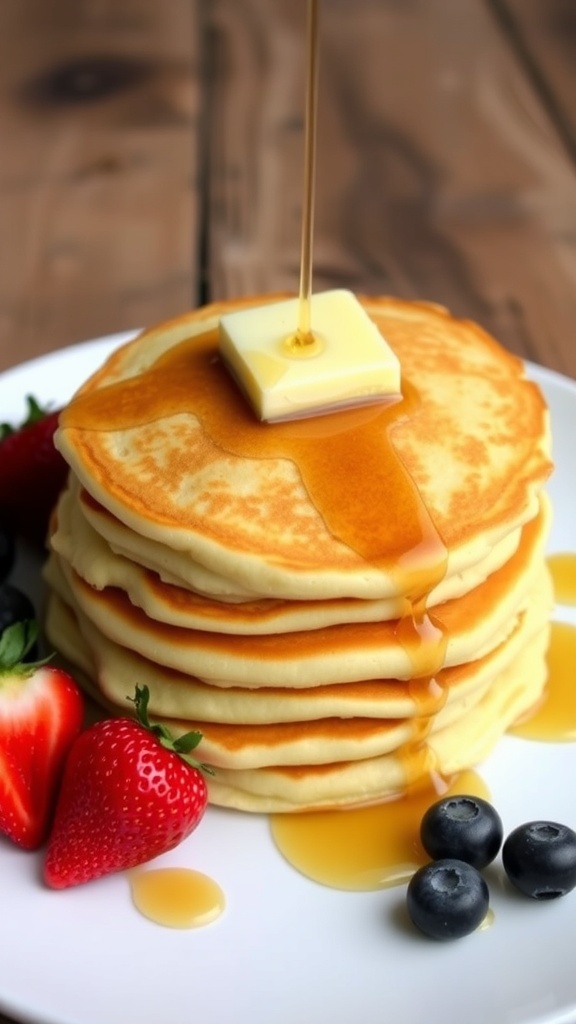 Fluffy Pancake Recipe A stack of fluffy pancakes with butter and syrup, accompanied by fresh strawberries and blueberries on a rustic table.